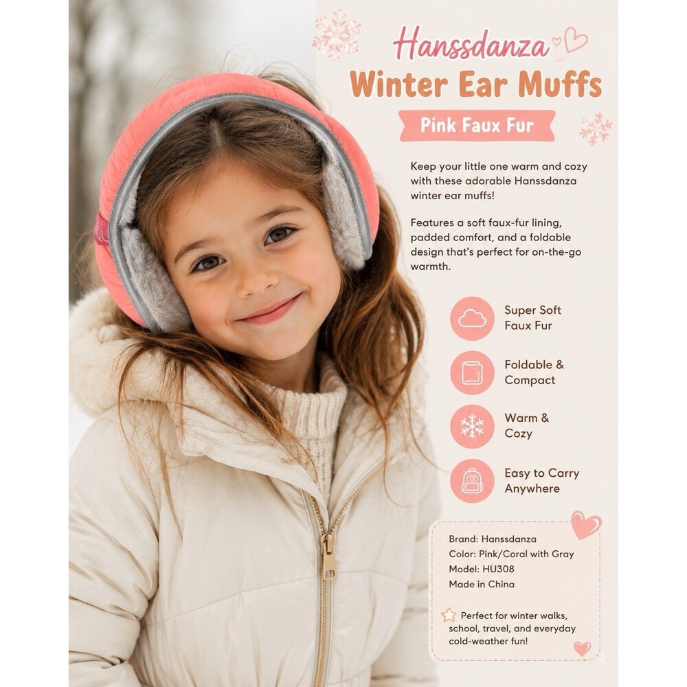 Hanssdanza Winter Ear Muffs Pink Faux Fur Foldable Warm Ear Warmers